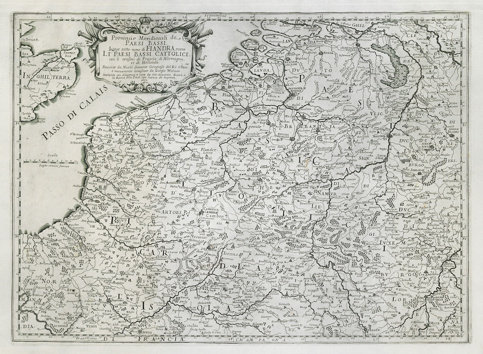 Provincie Meridionali de Paesi Bassi. Belgium & Picardy. ROSSI/SANSON 1672 map